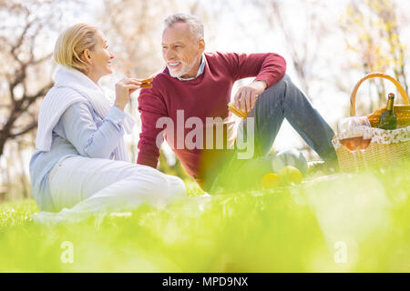 Positive joyful man having a picnic with his wife Stock Photo