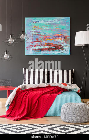New design bedroom with black wall, big bed and pattern details Stock Photo