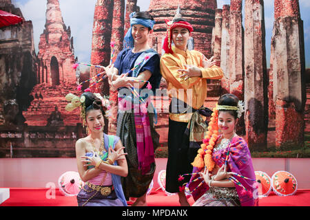 Thai dancer performing cultural dances at a thailand tourism exhibition. Stock Photo