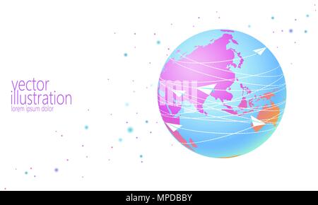 Planet Earth with paper plane messaging letters. Online internet network communication mail. International global connection. Asia continent China India Japan flat cartoon vector illustration Stock Vector