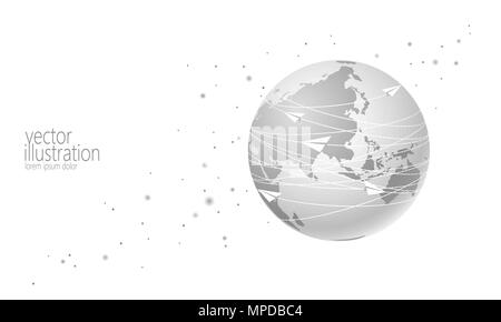 Planet Earth with paper plane messaging letters. Online internet network communication mail. International global connection. Asia continent China India Japan flat cartoon vector illustration Stock Vector