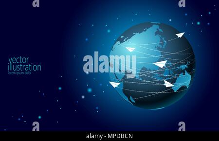 Planet Earth with paper plane messaging letters. Online internet network communication mail. International global connection. Asia continent China India Japan flat cartoon vector illustration Stock Vector