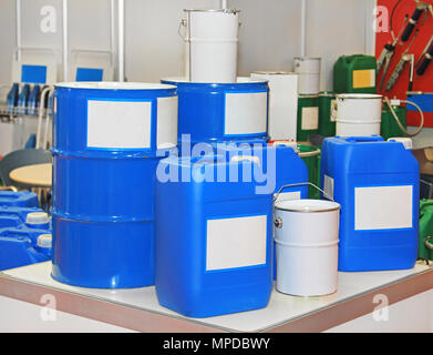 Blue Drums and Barrels For Chemical Substances and Materials Stock Photo