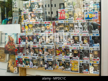 LE MANS, FRANCE - OCTOBER 08, 2017: Row of figures of American company Funko Pop in the shop window Stock Photo