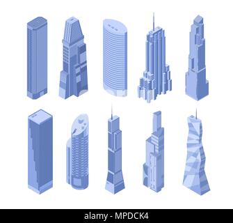 Set of ten vector isometric skyscrapers in shades of blue on a white background Stock Vector