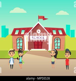 Children students stand in front of school building vector illustration ...
