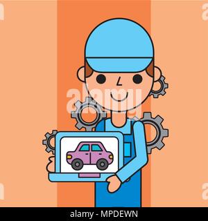 worker holding tablet car service maintenance app Stock Vector
