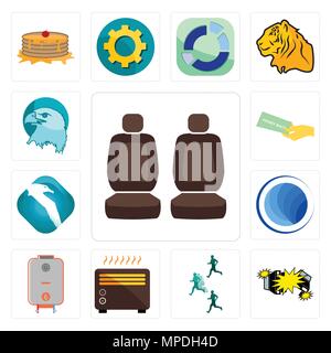 Set Of 13 simple editable icons such as car seat, crash, competitive advantage, heater, boiler, globe, albatross, money back guarantee, eagle head can Stock Vector