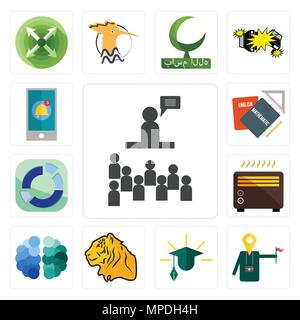 Set Of 13 simple editable icons such as public relations, tour guide, education, tiger, free brain, heater, sector, homework, notification can be used Stock Vector