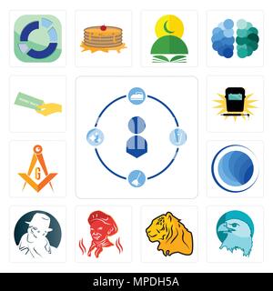 Set Of 13 simple editable icons such as tidy, eagle head, tiger, , free detective, globe, masonic, welding, money back guarantee can be used for mobil Stock Vector