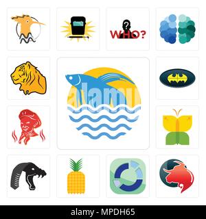 Set Of 13 simple editable icons such as betta fish, taurus professional, sector, pinapple, mamba, buterfly, , bat, tiger can be used for mobile, web U Stock Vector