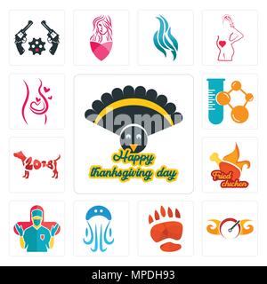 Set Of 13 simple editable icons such as thanksgiving, speedometer, bear paw, jellyfish, surgeon, fried chicken, year of the dog, chemical company, pre Stock Vector