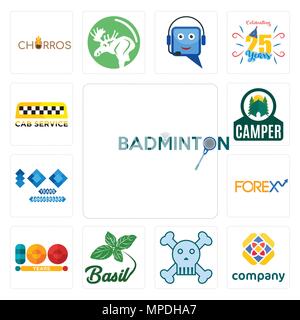 Set Of 13 simple editable icons such as badminton, free, skull and crossbones, basil, 100 year, , year anniversary, camper, cab service can be used fo Stock Vector