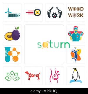 Set Of 13 simple editable icons such as saturn, penguin, pregnancy, year of the dog, holistic, volleyball team, chemical company, surgeon, plum can be Stock Vector