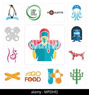 Set Of 13 simple editable icons such as surgeon, digital tree, chemical company, go food, baguette, year of the dog, pregnancy, train station, piston  Stock Vector