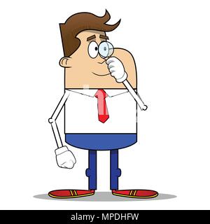 Simple retro cartoon of a businessman holding a small magnifying glass. Vector cartoon illustration. Stock Vector