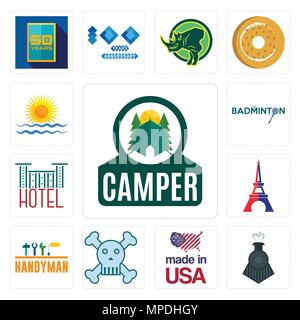 Set Of 13 simple editable icons such as camper, locomotive, made in usa, skull and crossbones, handyman, eiffel tower, hotel, badminton, rising sun ca Stock Vector