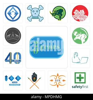 Set Of 13 simple editable icons such as 20 year, safety first, lux, tribe, 100 year anniversary, secretary, 40 years, moose, tiara can be used for mob Stock Vector