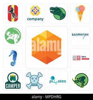 Set Of 13 simple editable icons such as cubic, rhino, SOZ, skull and crossbones, camper, made in america, sea horse, badminton, moose can be used for  Stock Vector