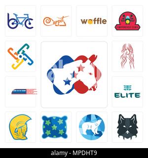 Set Of 13 simple editable icons such as democrat, wolf face, polar, pillow, warrior head, the elite, railway, long hair, generic can be used for mobil Stock Vector