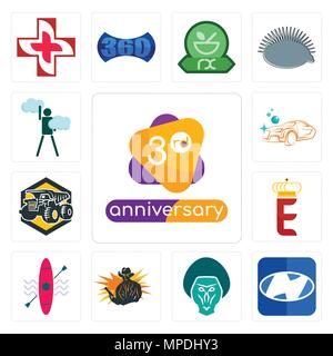 Set Of 13 simple editable icons such as 3rd anniversary, h, baboon, outlaw, kayak, e crown, dump truck, carwash, ambition can be used for mobile, web  Stock Vector
