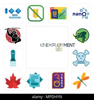 Set Of 13 simple editable icons such as unemployment, dragonfly, 30 year, statement, canada leaf, skull and crossbones, girls bathroom, rhino, can be  Stock Vector