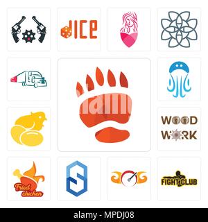 Set Of 13 simple editable icons such as bear paw, fight club, speedometer, s hexagon, fried chicken, woodwork, chick, jellyfish, truck company can be  Stock Vector