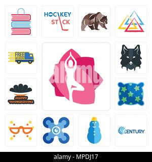 Set Of 13 simple editable icons such as yoga studio, century, snowman, drones, masquerade, pillow, happy thanksgiving, wolf face, free delivery can be Stock Vector