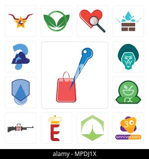 Set Of 13 simple editable icons such as store locator, 3rd anniversary, marquee, e crown, gun shop, pharmacy, waterproof, baboon, scratching head can  Stock Vector