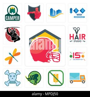 Set Of 13 simple editable icons such as football helmet, post car, gluten free, rhino, skull and crossbones, 15 years celebration, dragonfly, hair stu Stock Vector