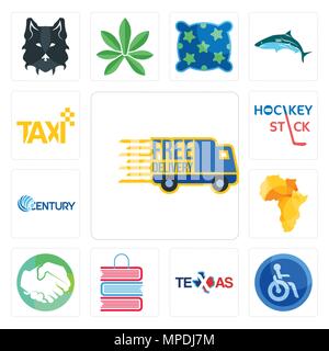 Set Of 13 simple editable icons such as free delivery, disabled, texas, book shop, hands shaking, africa map, century, hockey stick, taxi can be used  Stock Vector