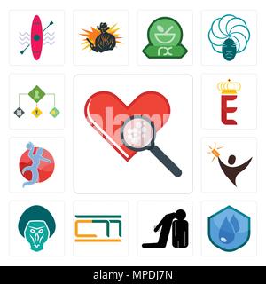 Set Of 13 simple editable icons such as cholesterol, water resistant, execution, , baboon, lucky draw, handball, e crown, order management can be used Stock Vector