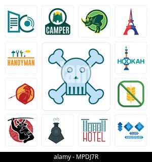 Set Of 13 simple editable icons such as skull and crossbones, 100 year anniversary, hotel, locomotive, , gluten free, sparta, hookah, handyman can be  Stock Vector