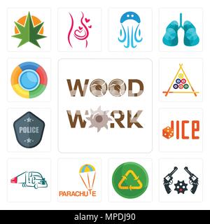 Set Of 13 simple editable icons such as woodwork, revolver, recycle reuse uce, parachute, truck company, dice, police badge, billiard, can be used for Stock Vector