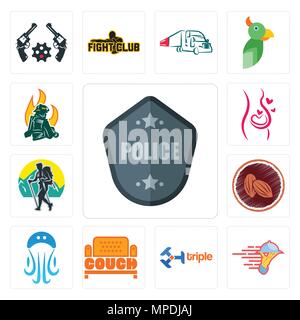 Set Of 13 simple editable icons such as police badge, catering services, triple, couch, jellyfish, cacao, trekking, pregnancy, firemen can be used for Stock Vector