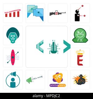 Set Of 13 simple editable icons such as software bug, outlaw, 3rd anniversary, call now, campaign management, e crown, kayak, pharmacy, baboon can be  Stock Vector