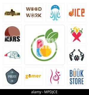 Set Of 13 simple editable icons such as homeopathy, book store, pregnancy, gamer, police badge, revolver, truck company, chili pepper, mars can be use Stock Vector