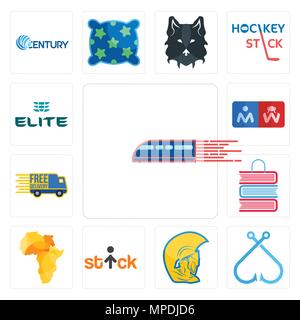 Set Of 13 simple editable icons such as railway, fishing hook, warrior head, stick figure, africa map, book shop, free delivery, restroom, the elite c Stock Vector