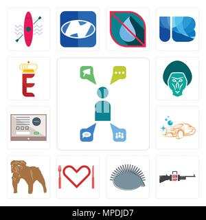 Set Of 13 simple editable icons such as campaign management, gun shop, hedgehog, appetite, bulldog, carwash, online form, baboon, e crown can be used  Stock Vector