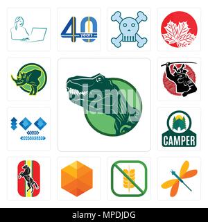 Set Of 13 simple editable icons such as dino, dragonfly, gluten free, cubic, horse, camper, 100 year anniversary, , rhino can be used for mobile, web  Stock Vector