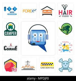 Set Of 13 simple editable icons such as helpdesk, skull and crossbones, cab service, judicial, football helmet, celebrating 25 years, courage, rhino,  Stock Vector