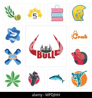 Set Of 13 simple editable icons such as bull horn, martial arts, , equestrian, pot leaf, boxer, snowboard, crab, swim and dive can be used for mobile, Stock Vector