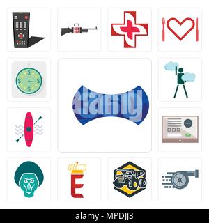 Set Of 13 simple editable icons such as 360 image, turbo, dump truck, e crown, baboon, online form, kayak, ambition, estimate can be used for mobile,  Stock Vector
