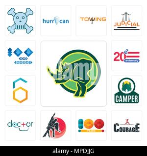 Set Of 13 simple editable icons such as rhino, courage, 100 year, dance studio, doctor, camper, hex, 20 anniversary, year anniversary can be used for  Stock Vector