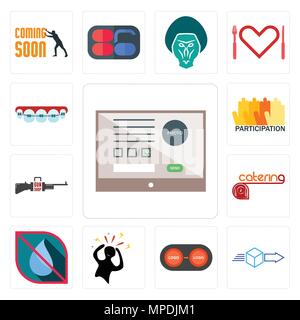 Set Of 13 simple editable icons such as online form, dispatch, convert, panic, no water, catering, gun shop, participation, orthodontist can be used f Stock Vector
