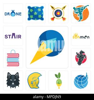 Set Of 13 simple editable icons such as paper plane, logistics company, olive oil, warrior head, wolf face, equestrian, book shop, sun moon, stair can Stock Vector