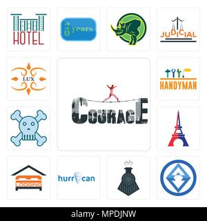 Set Of 13 simple editable icons such as courage, 3 letter, locomotive, hurrican, lodging, eiffel tower, skull and crossbones, handyman, lux can be use Stock Vector