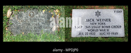 Photo illustration comparing Staff Sgt. Jack Weiner’s previous headstone and his corrected headstone. In 1949 Weiner was interred with the wrong religious symbol on his headstone. On Feb. 28, 2017, 1st Lt Levy Pekar, Rabbi Chaplain assigned to Nellis Air Force Base, Nev., led the headstone replacement ceremony at the National Memorial Cemetery of the Pacific, Honolulu, HI. (U.S. Air Force photo illustration by Tech. Sgt. Heather Redman) Stock Photo