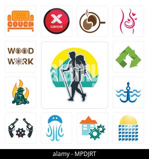 Set Of 13 simple editable icons such as trekking, solar panel, facility, jellyfish, revolver, navy anchor, firemen, recycle, woodwork can be used for  Stock Vector