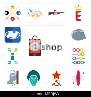 Set Of 13 simple editable icons such as eshop, kayak, communism, baboon, frustration, abacus, campaign management, hedgehog, h can be used for mobile, Stock Vector